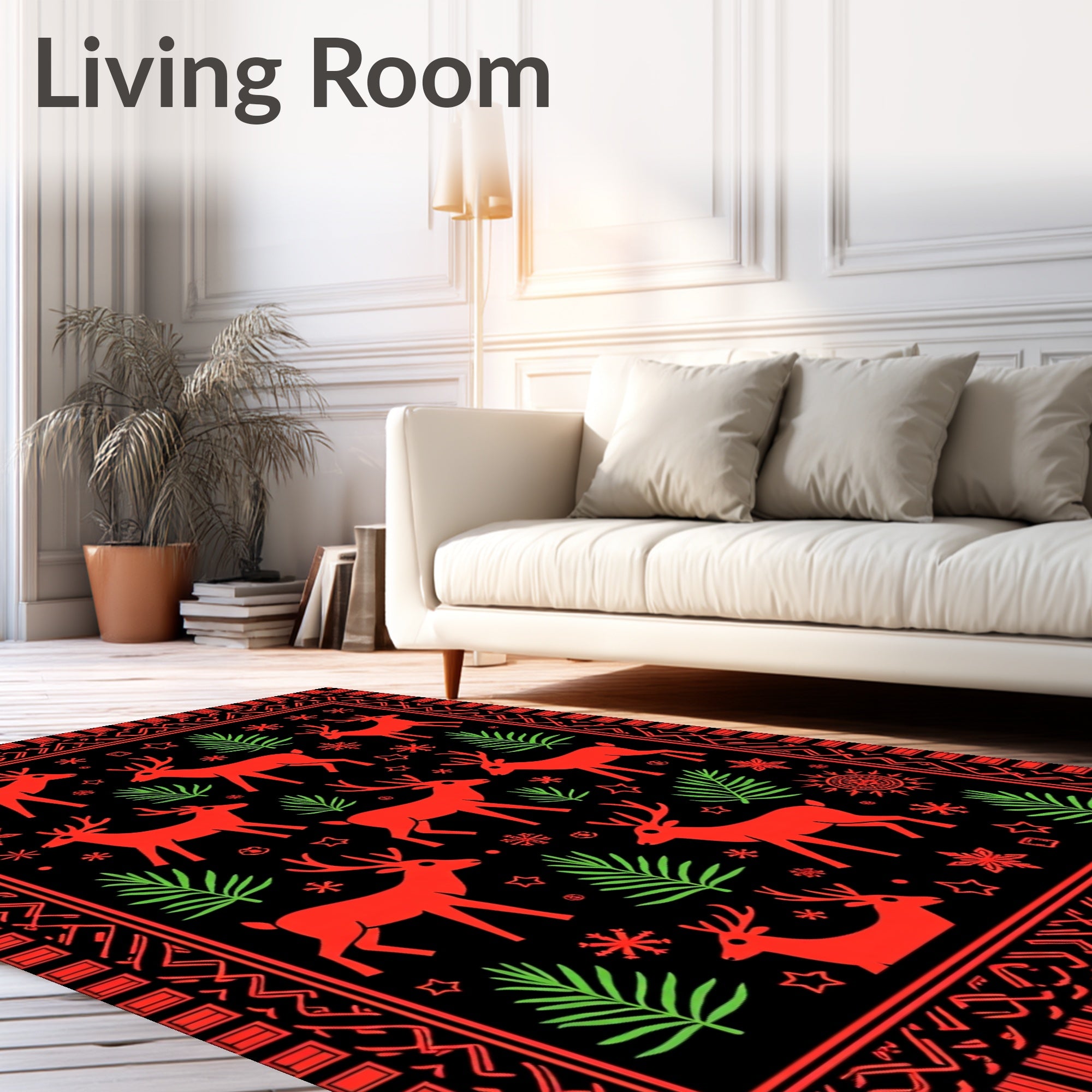 Red Deer And Green Pine Scene Rug