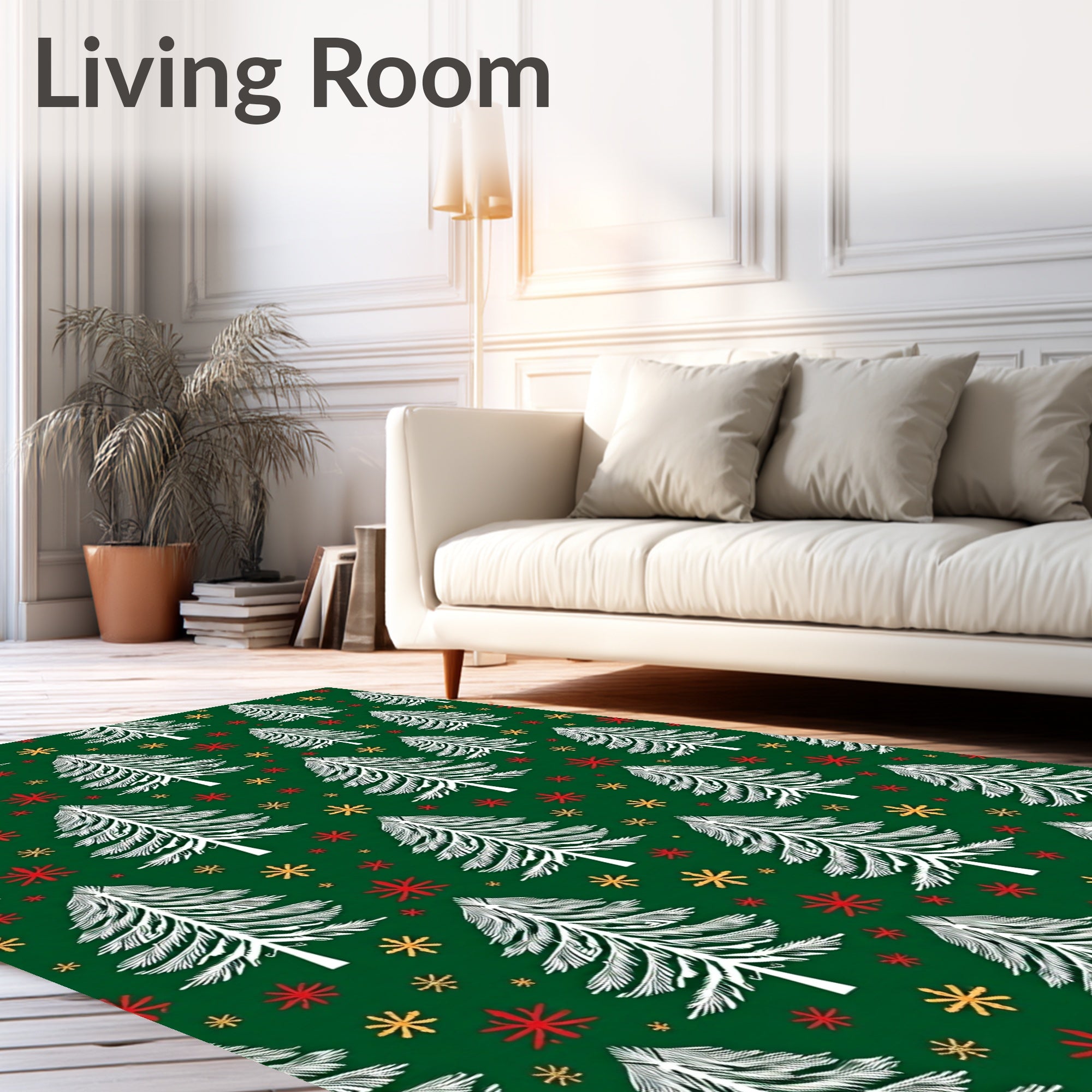 White Pinecone Snowflakes Green Rug