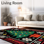 Festive Green Christmas Tree Snowflakes Rug