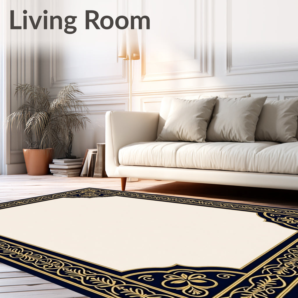 Ornate Gold Floral Navy Border Rug