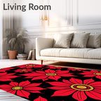 Vibrant Red Floral Black Background Rug