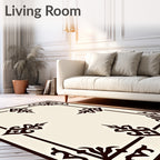 Ornate Ivory Brown Scrollwork Frame Rug