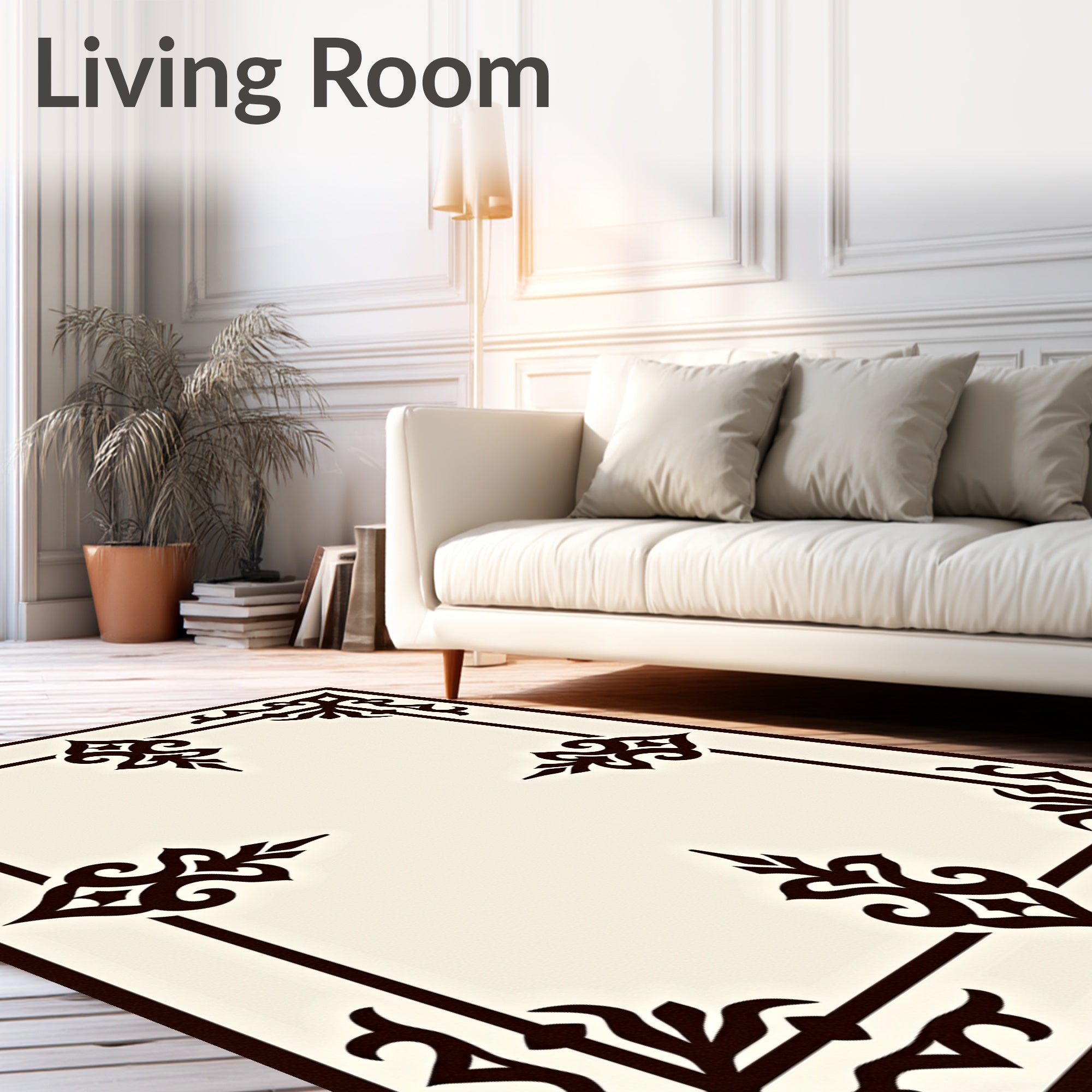 Ornate Ivory Brown Scrollwork Frame Rug