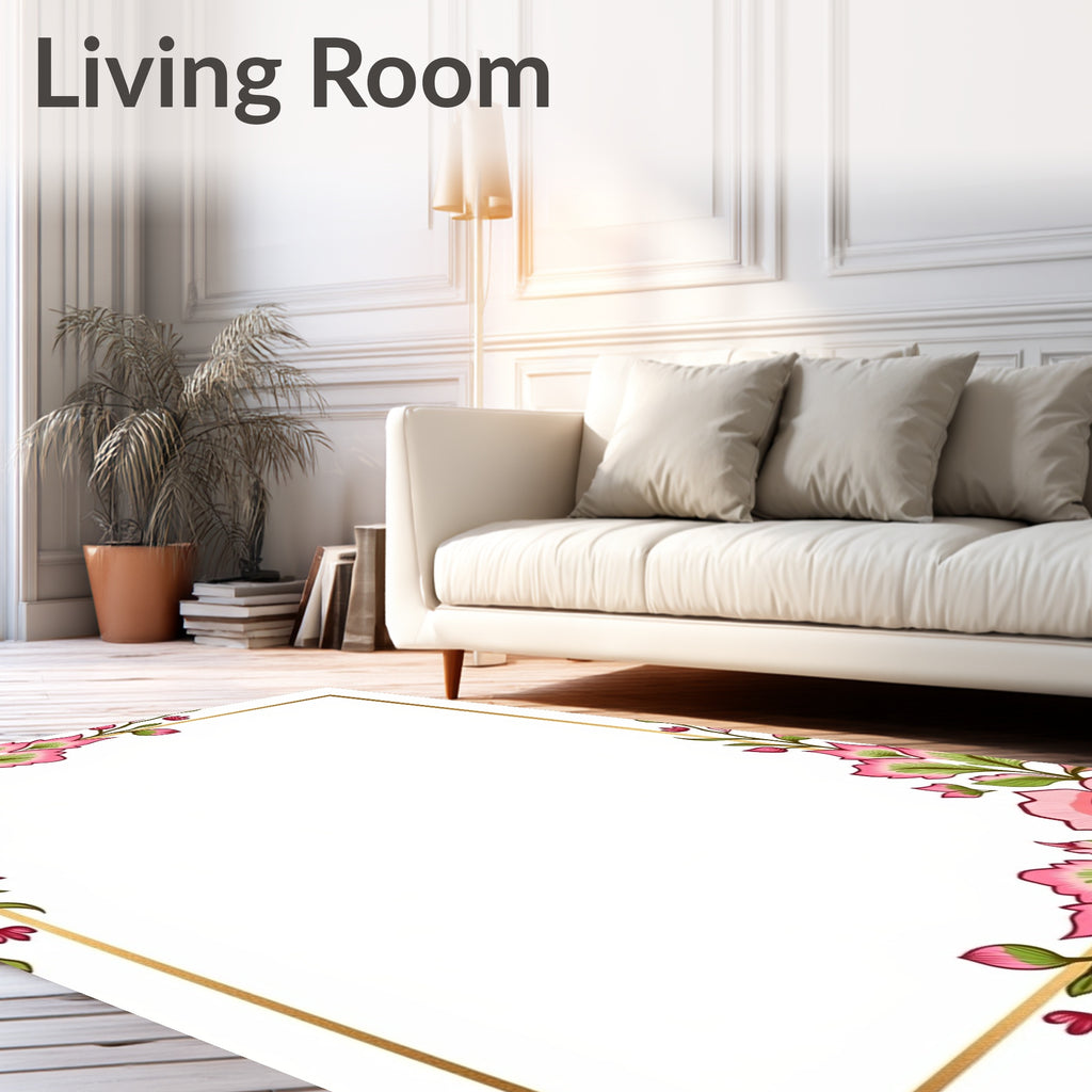 Pink Floral Whimsical Golden Frame Rug
