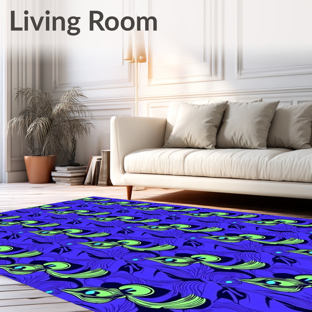 Vibrant Blue Green Peacock Feather Art Rug