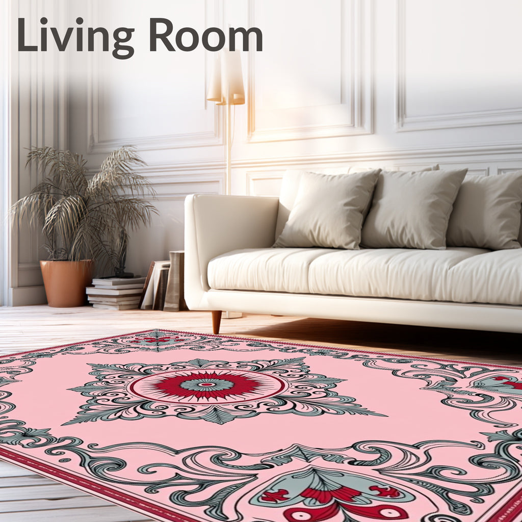 Victorian Pink Floral Scroll Medallion Rug
