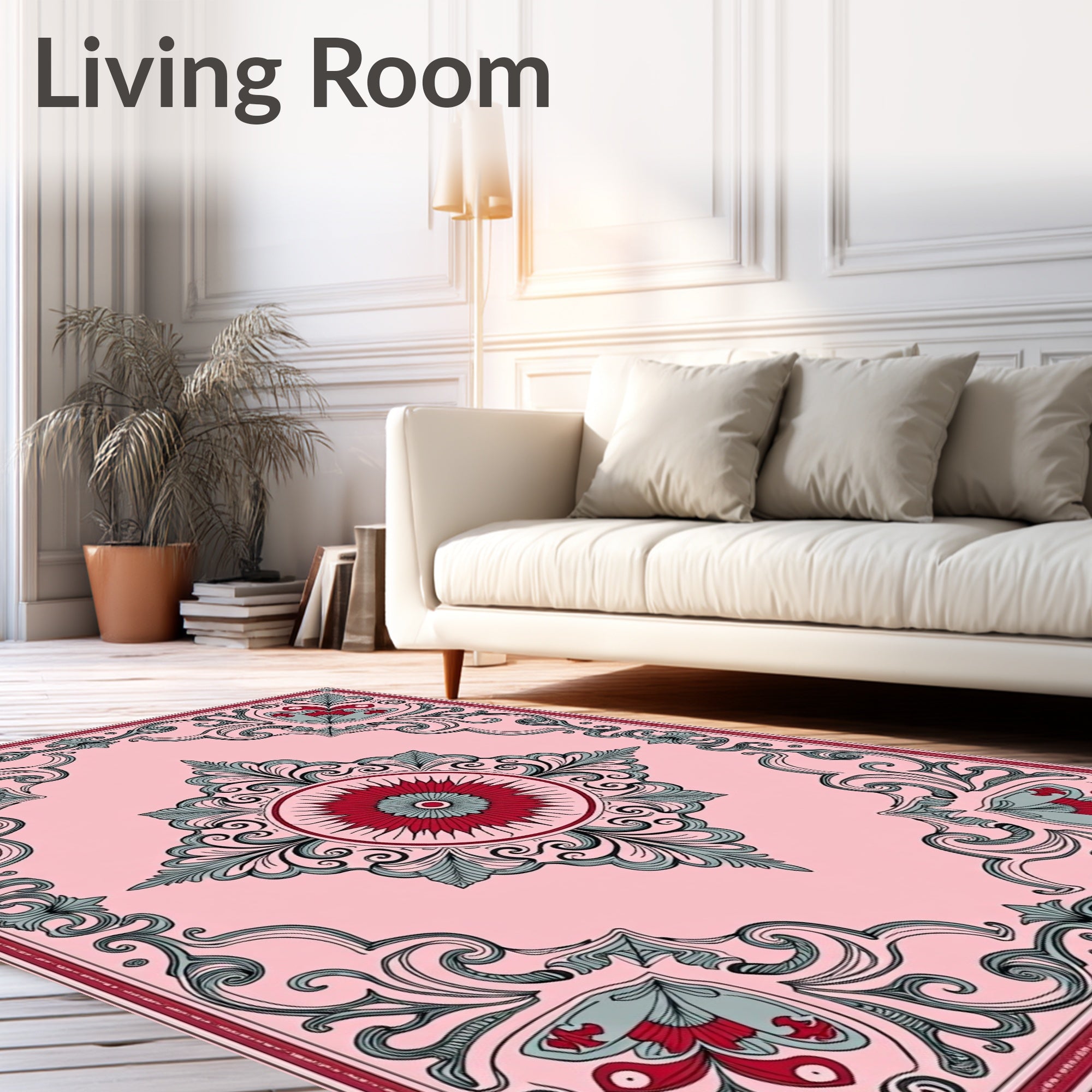 Victorian Pink Floral Scroll Medallion Rug