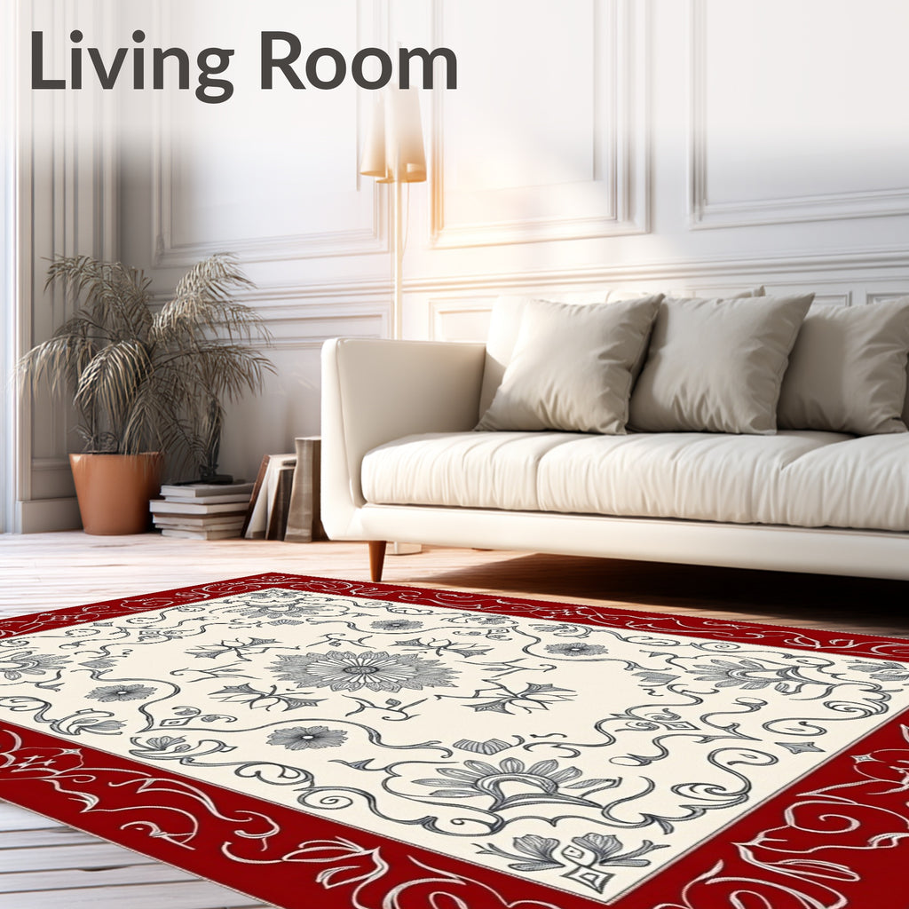 Crimson White Floral Scroll Medallion Rug