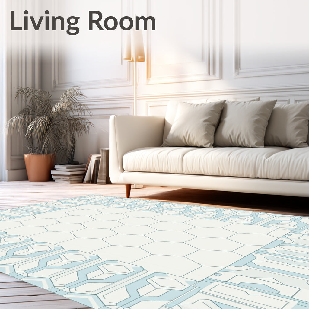 Light Blue Geometric Hexagon Panel Rug