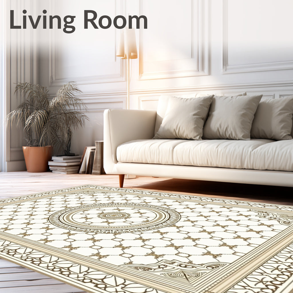 Ornate Cream Gold Medallion Arabesque Rug