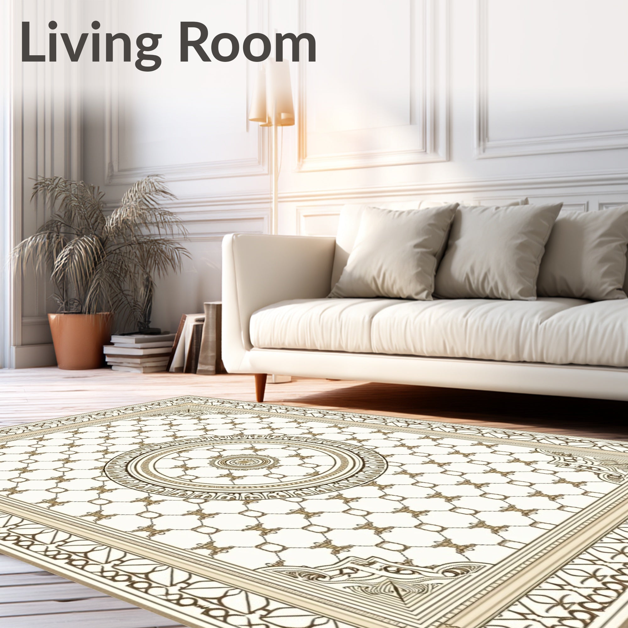 Ornate Cream Gold Medallion Arabesque Rug