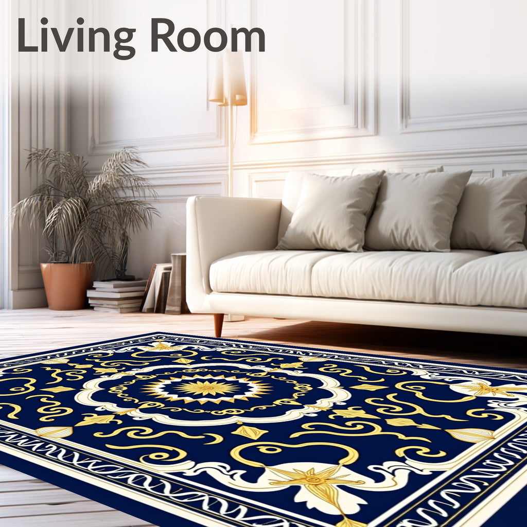 Grand Deep Blue Gold Medallion Rug