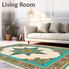 Ornate Teal Sunburst Floral Border Rug