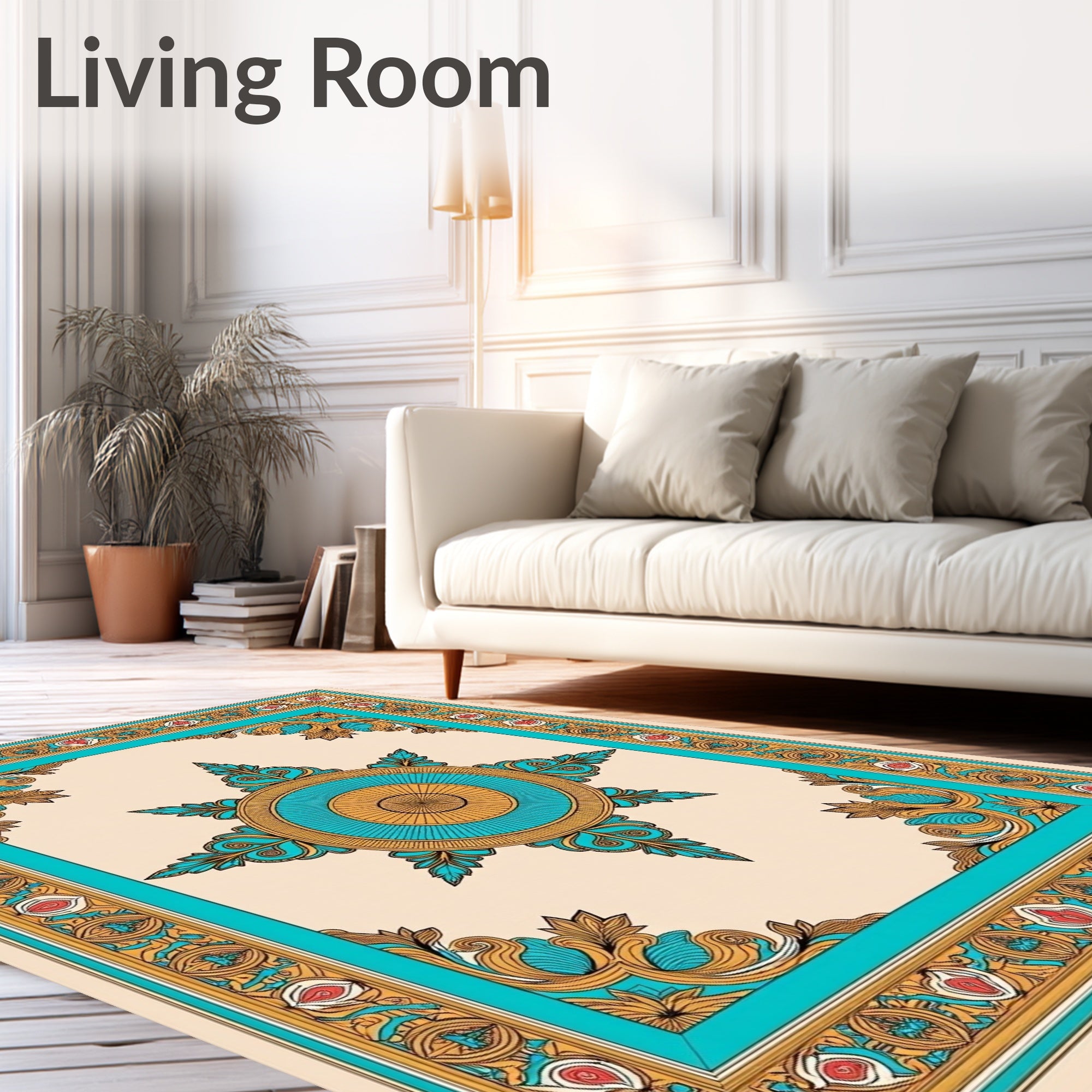 Ornate Teal Sunburst Floral Border Rug