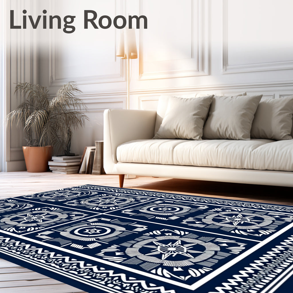 Navy White Geometric Medallion Border Rug