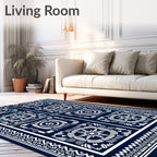 Navy White Geometric Medallion Border Rug