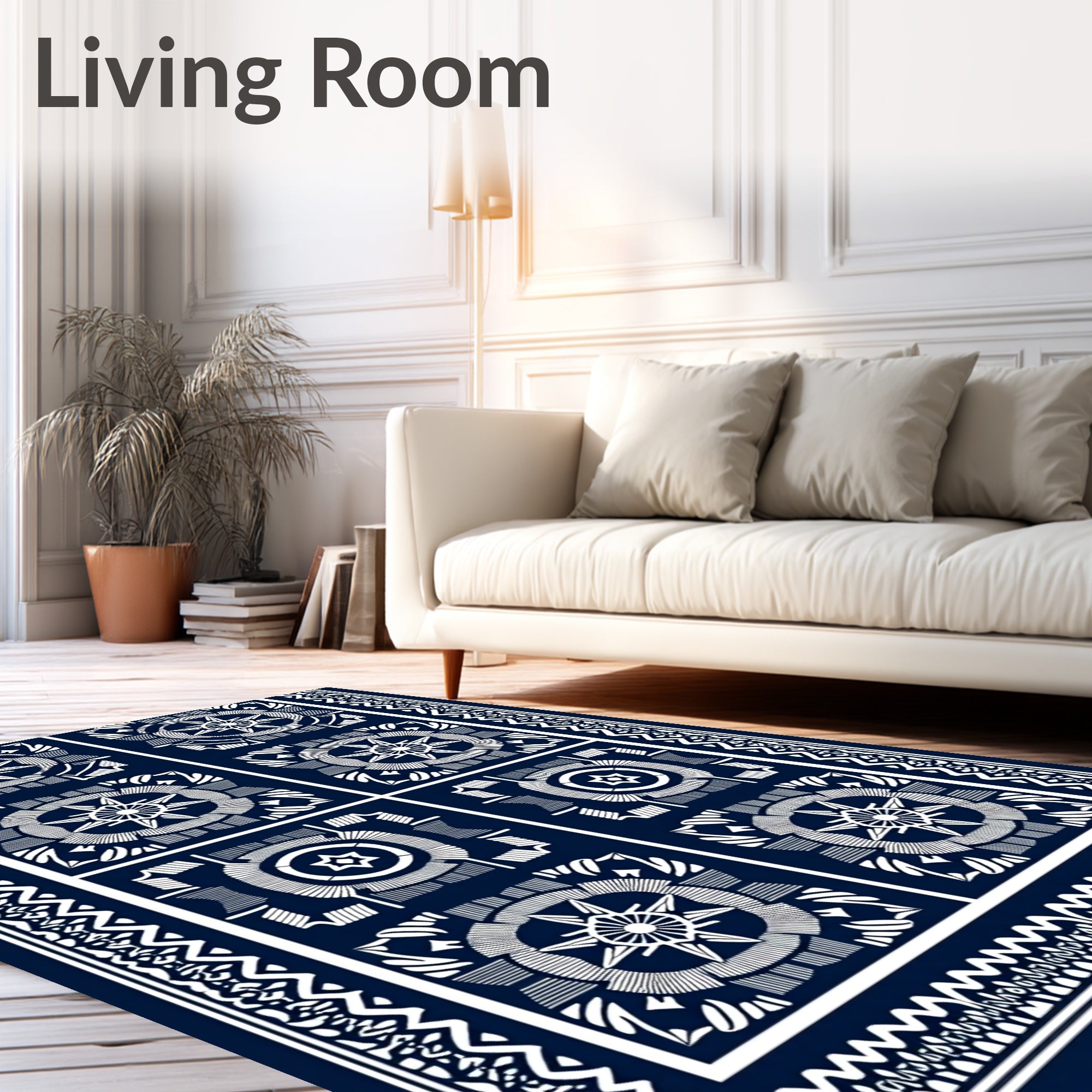 Navy White Geometric Medallion Border Rug