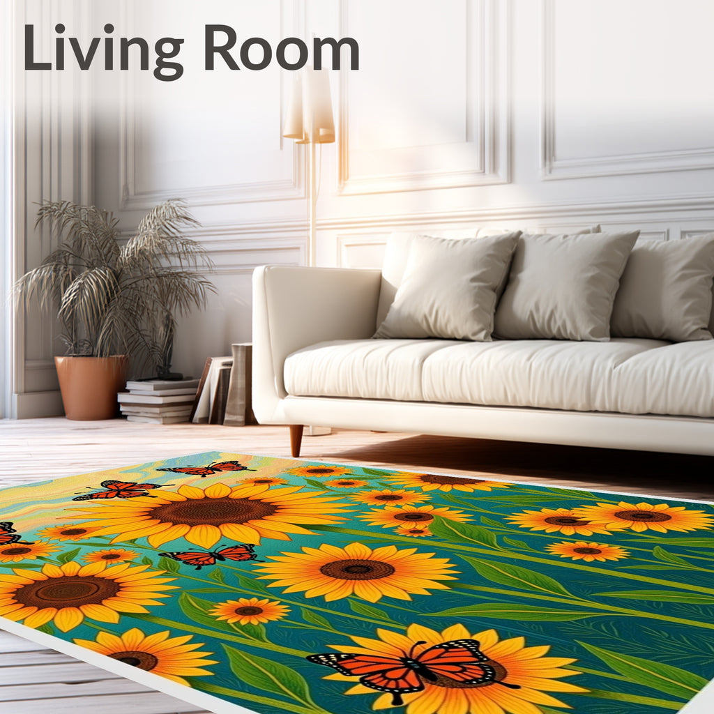Orange Butterfly Sunflower Field Rug