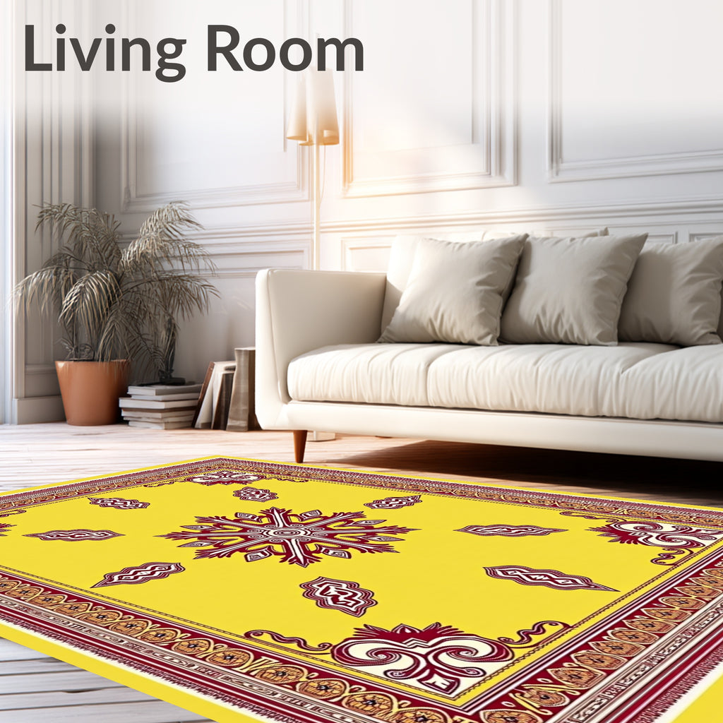 Vibrant Yellow Burgundy Floral Medallion Border Rug