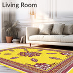 Vibrant Yellow Burgundy Floral Medallion Border Rug