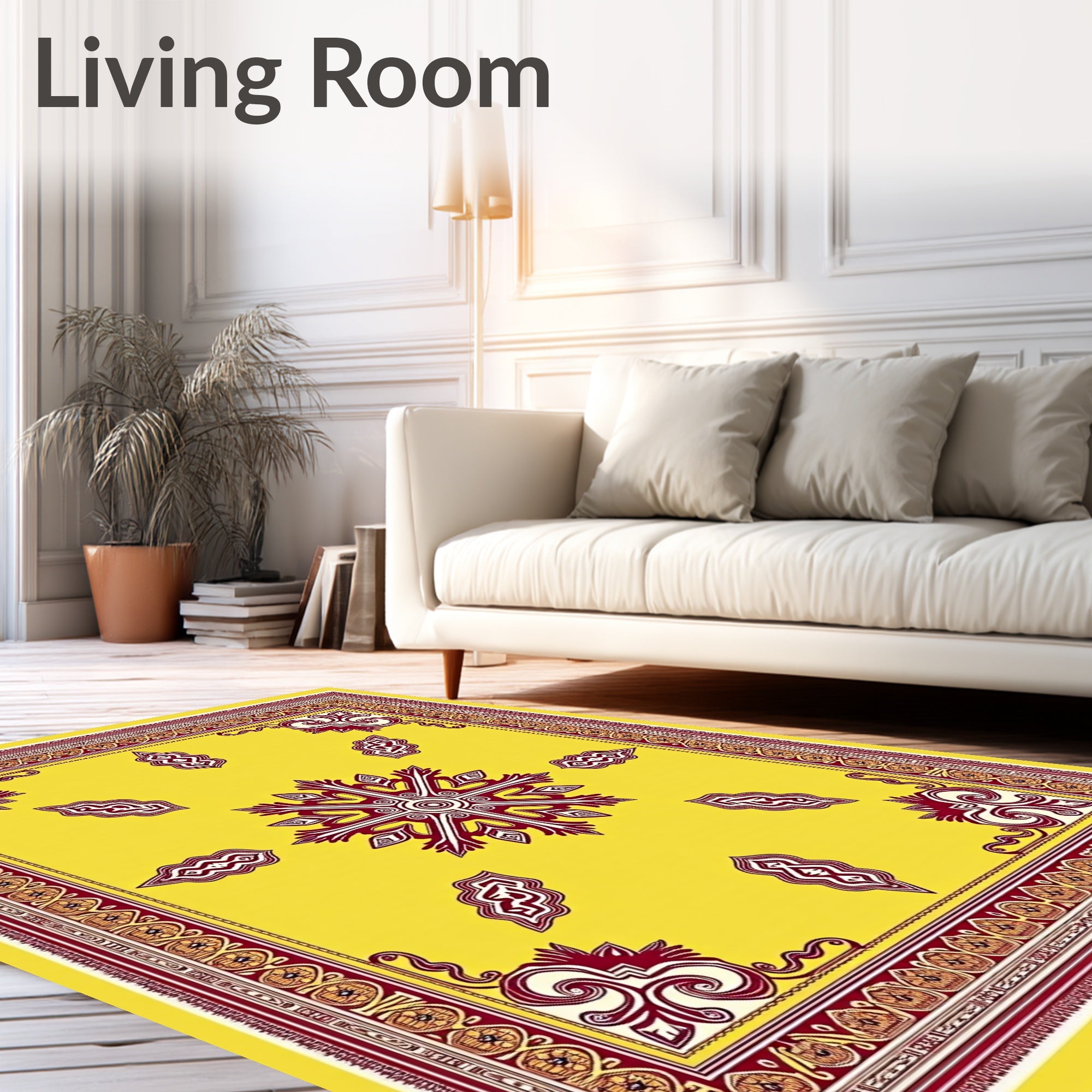 Vibrant Yellow Burgundy Floral Medallion Border Rug