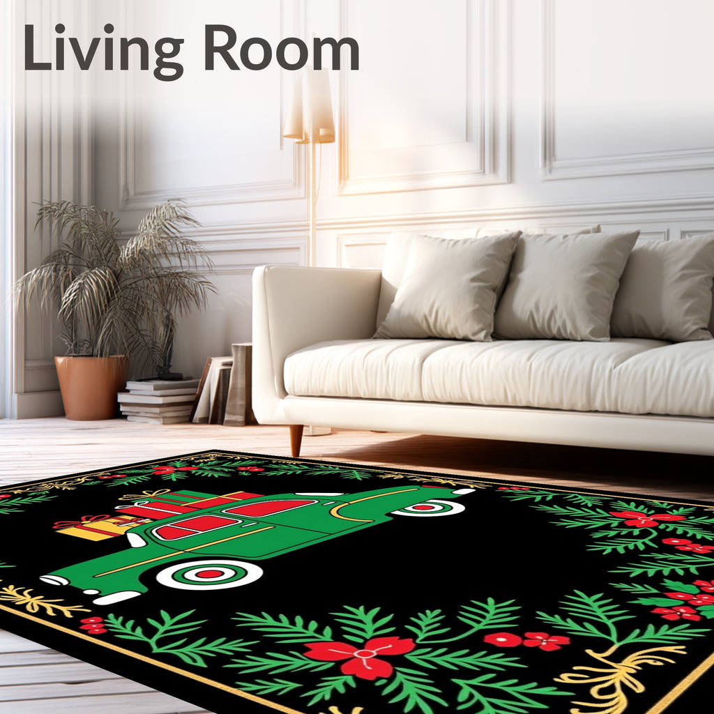 Green Car Christmas Presents Border Rug