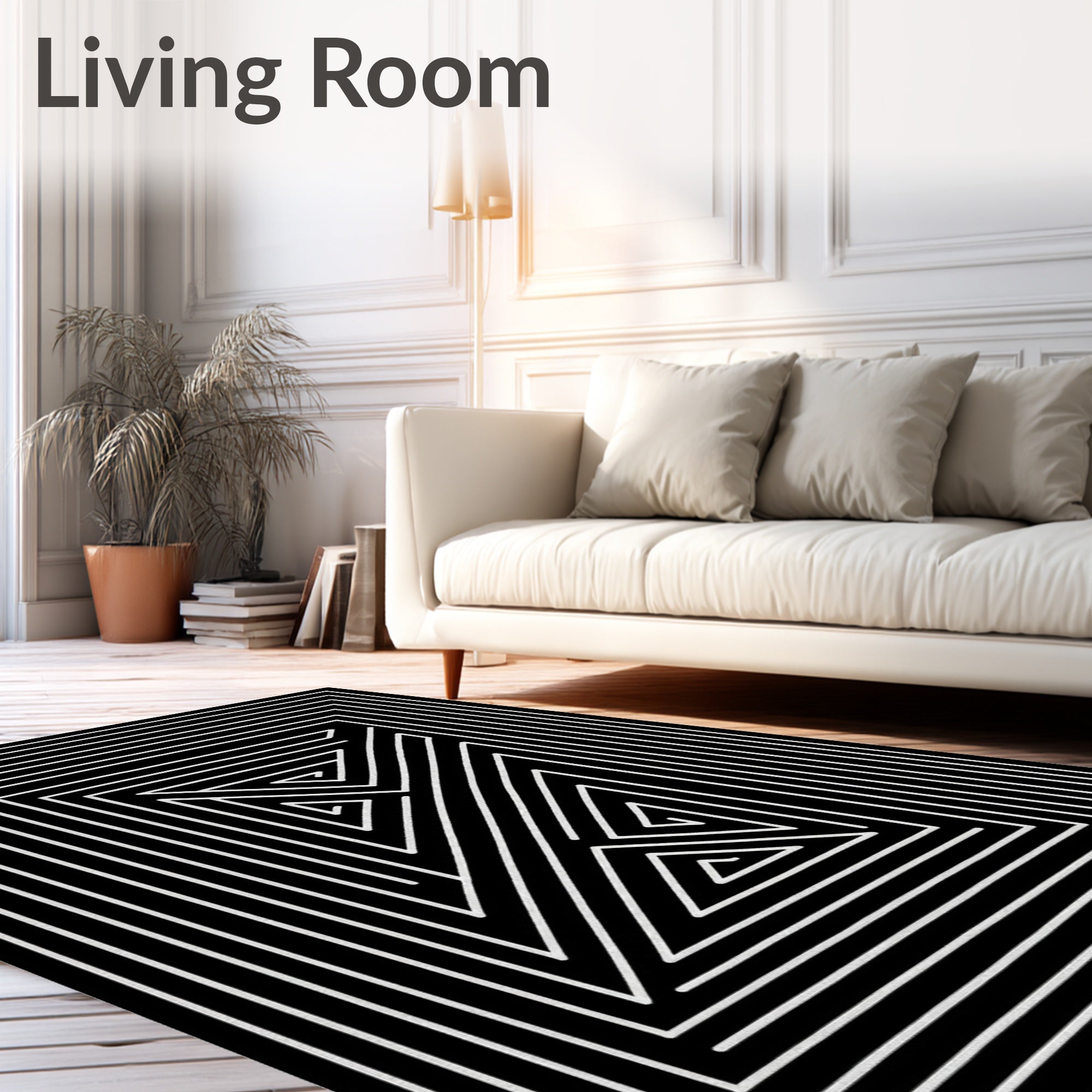 Modern Black White Geometric Inlay Rug