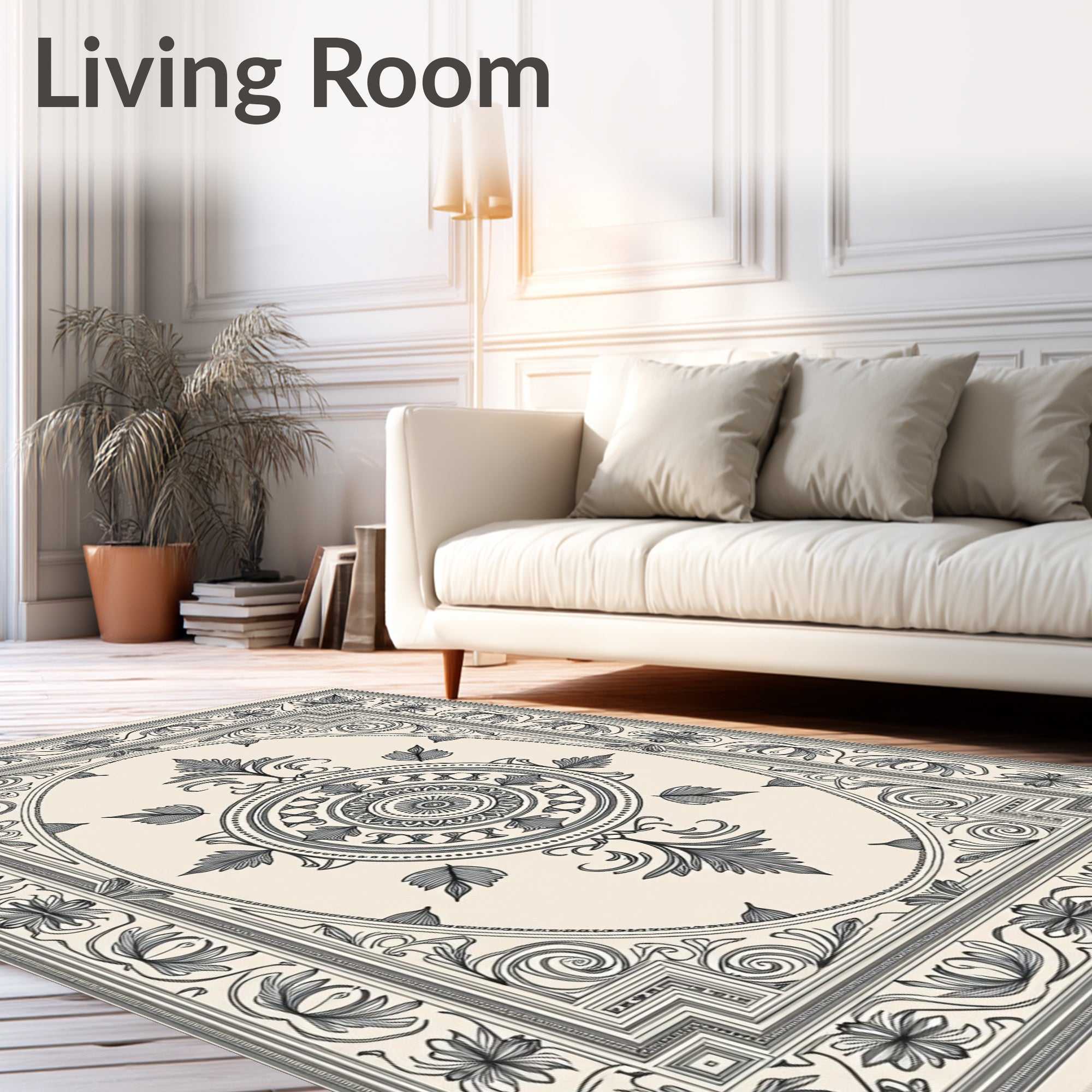 Cream and Charcoal Floral Medallion Rug