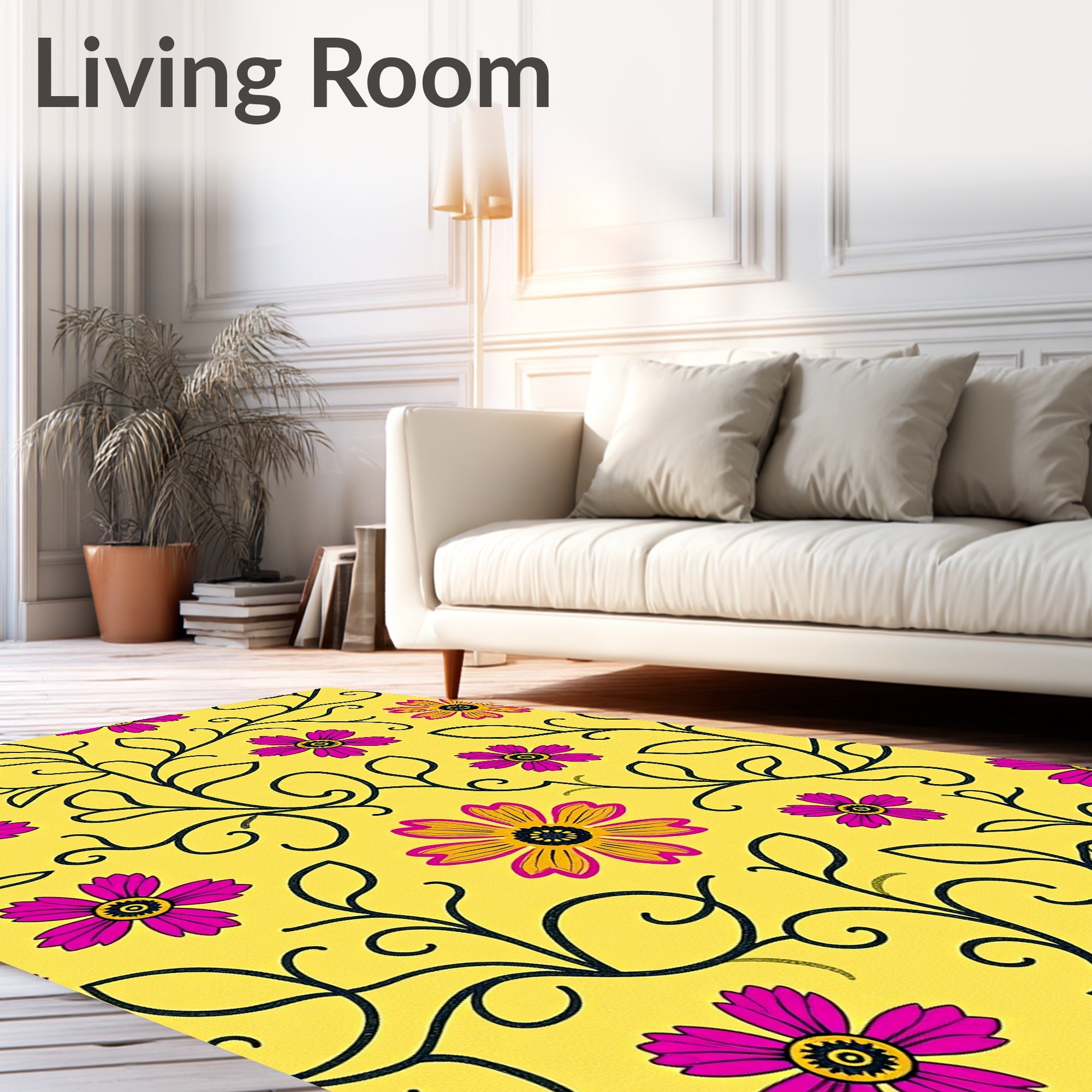 Vibrant Yellow Fuchsia Floral Vine Rug