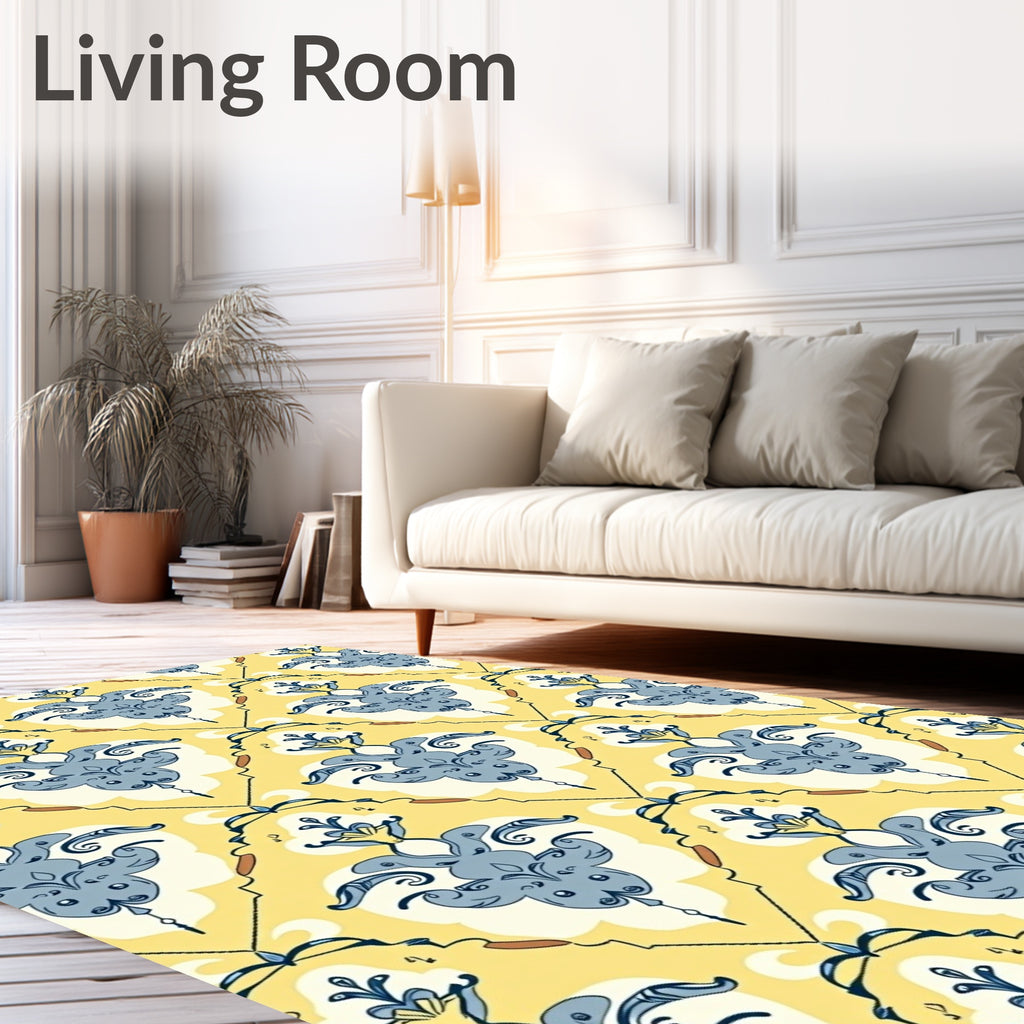 Yellow and Blue Damask Scroll Rug