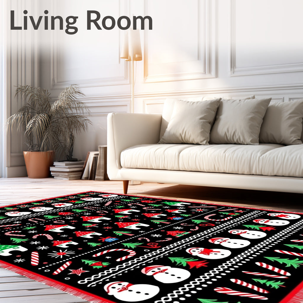 Jolly Snowman and Tree Holiday Stripes Rug