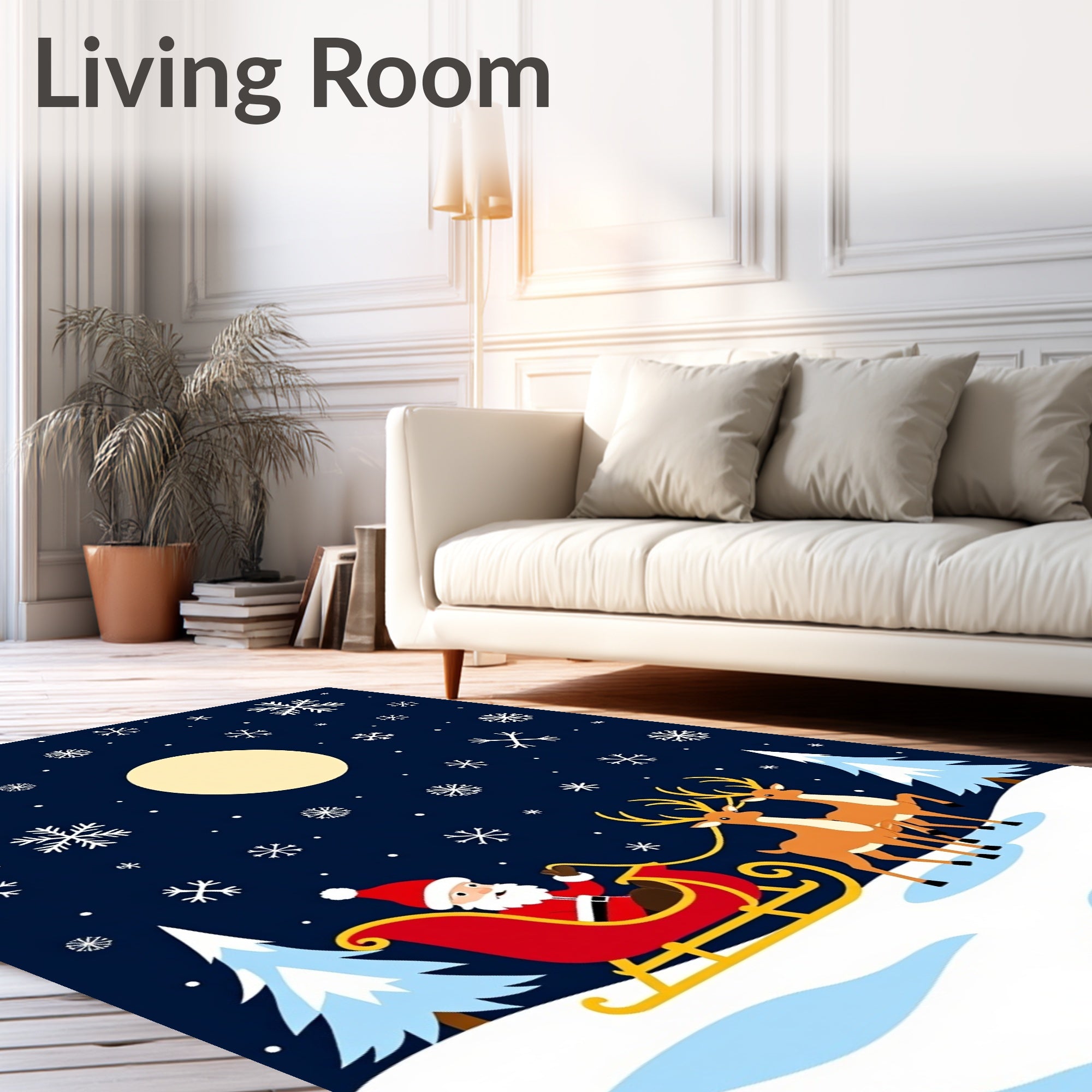 Santa Sleigh Flying Snowflakes Moon Night Rug