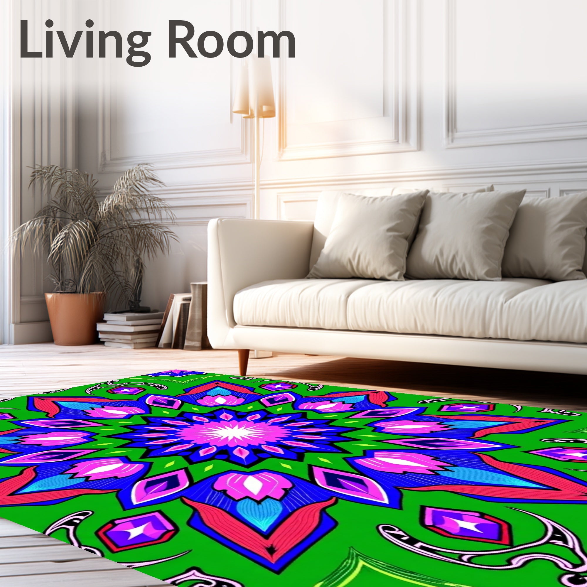 Vibrant Green Floral Jewel Mandala Rug
