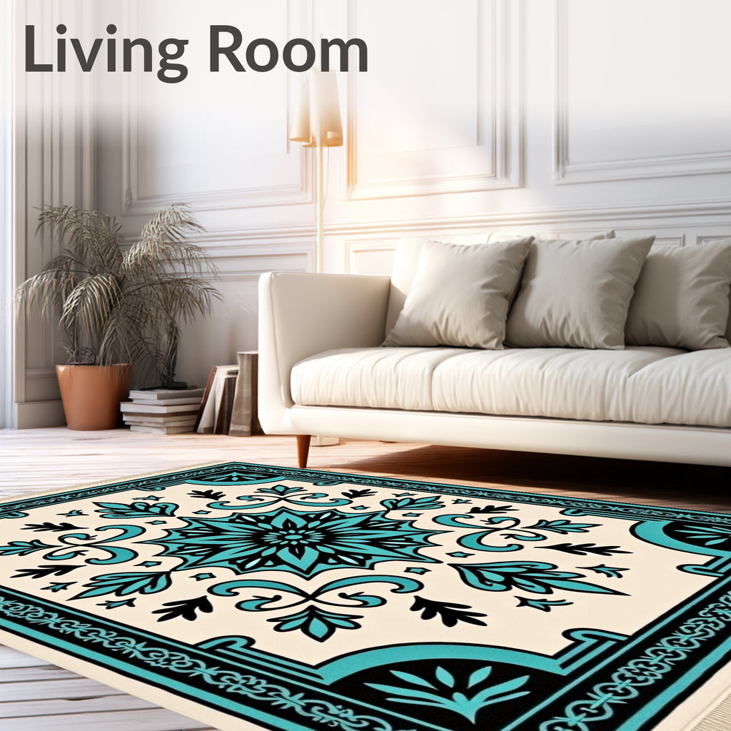 Turquoise Black Cream Floral Medallion Rug