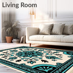 Turquoise Black Cream Floral Medallion Rug