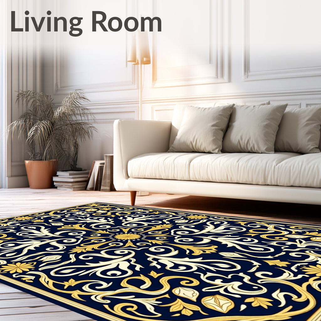 Elegant Navy Gold Floral Medallion Rug
