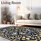 Elegant Navy Gold Floral Medallion Rug