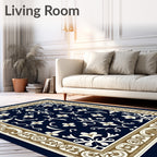 Rich Navy Floral Scroll Border Rug