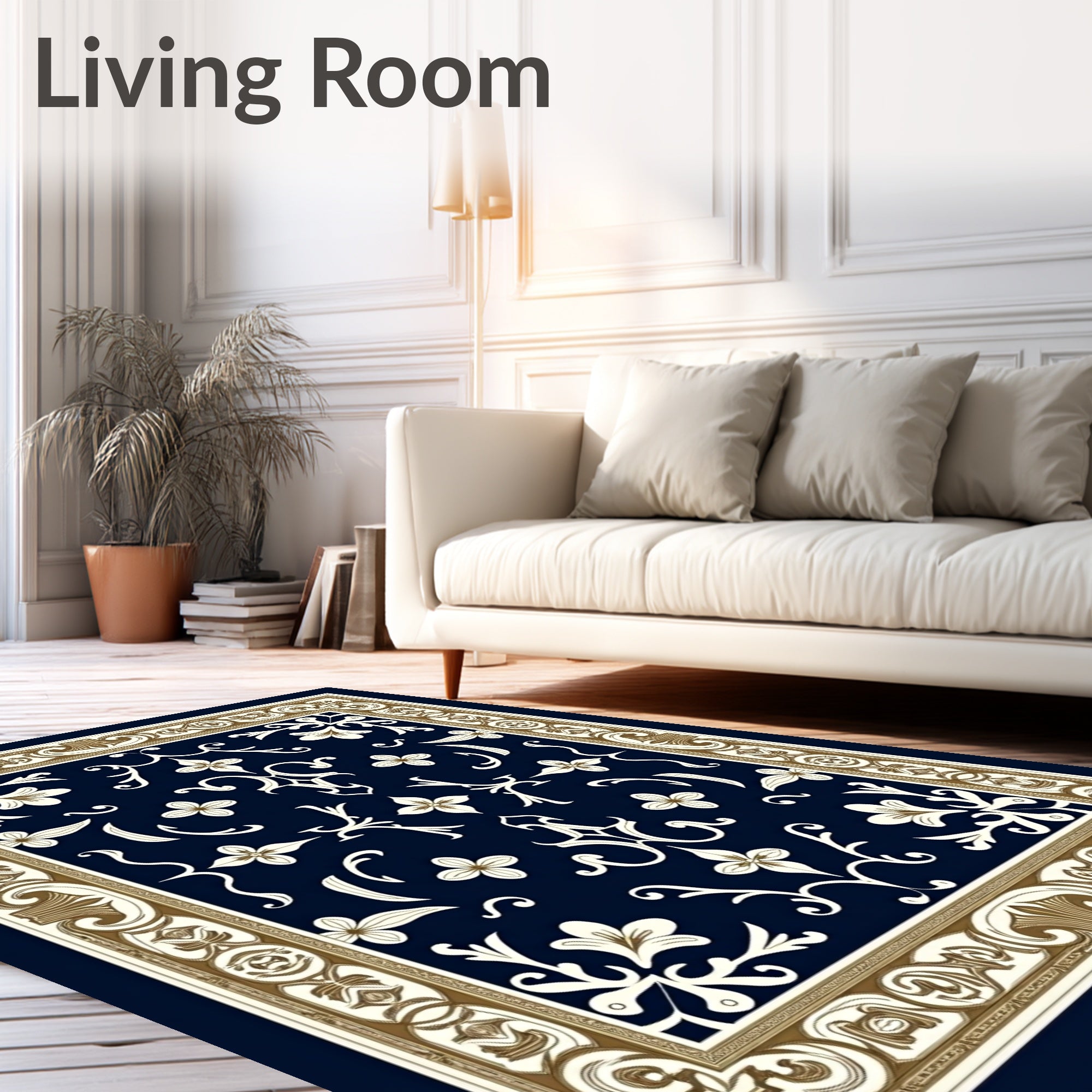 Rich Navy Floral Scroll Border Rug