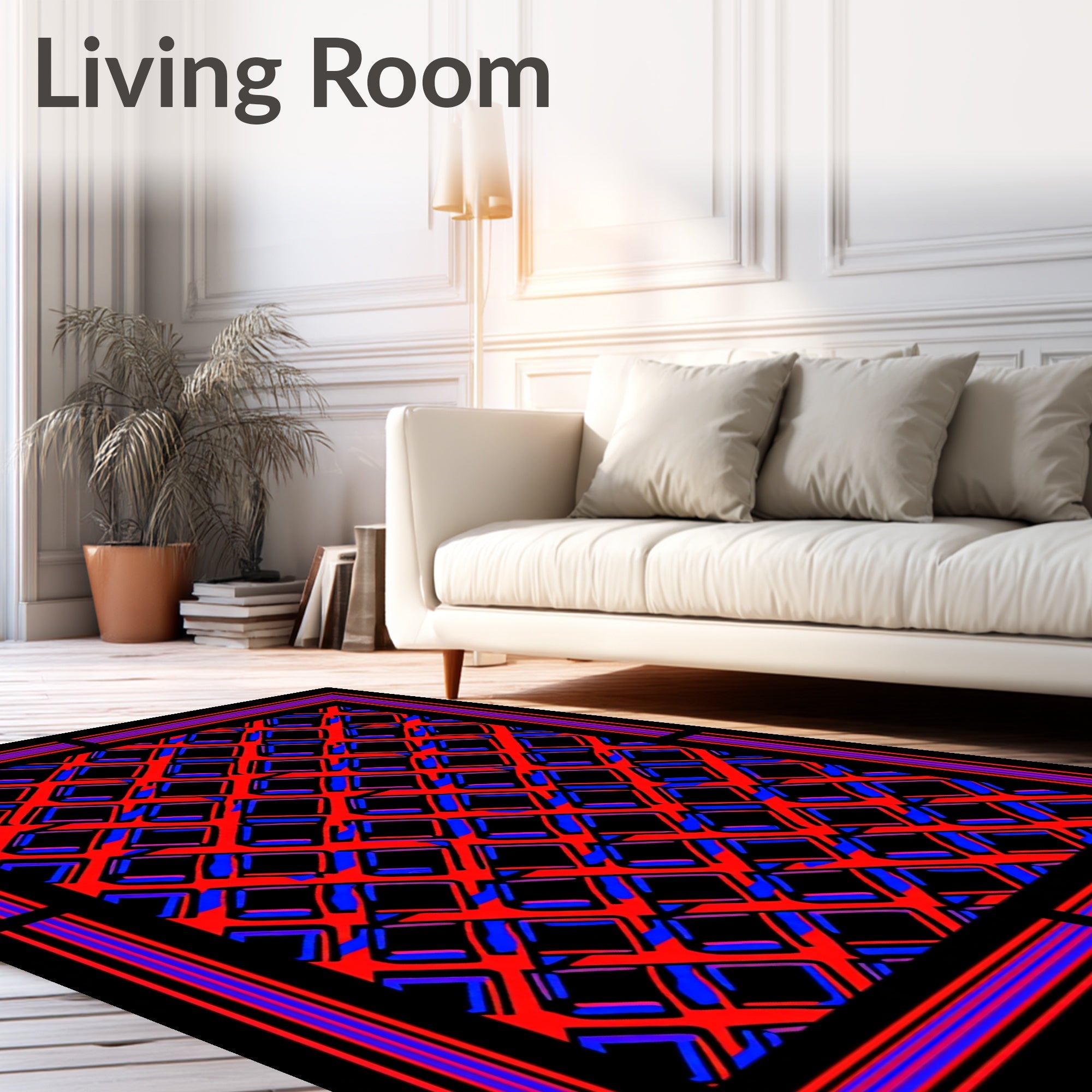 Dramatic Red Blue Intersecting Squares Rug