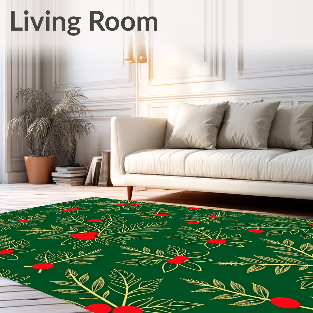 Green Red Holly Branch Botanical Rug