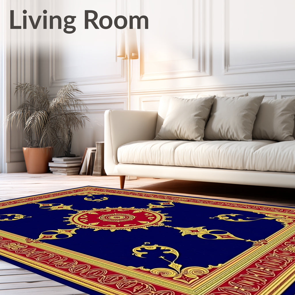 Royal Blue Red Gold Medallion Border Rug