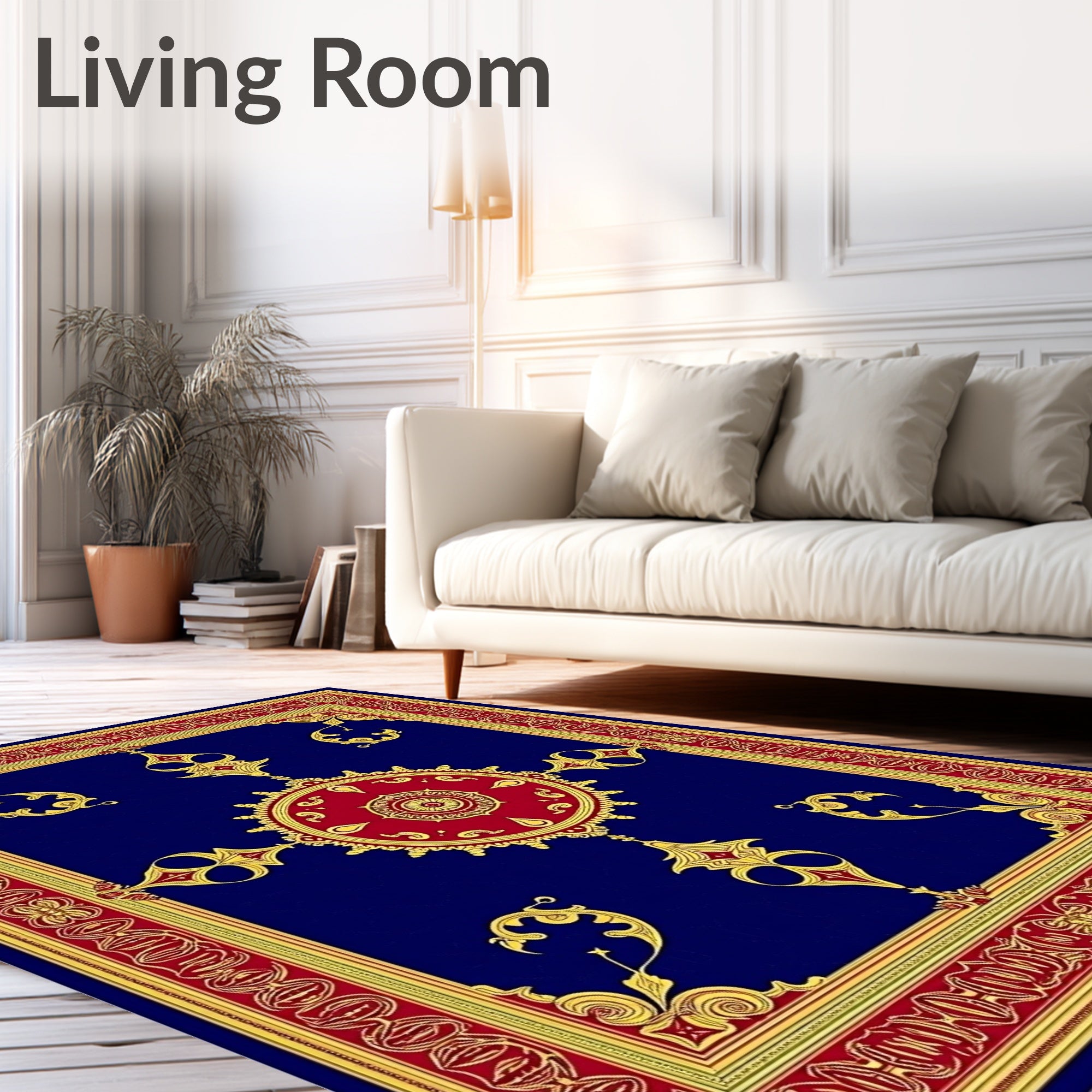 Royal Blue Red Gold Medallion Border Rug