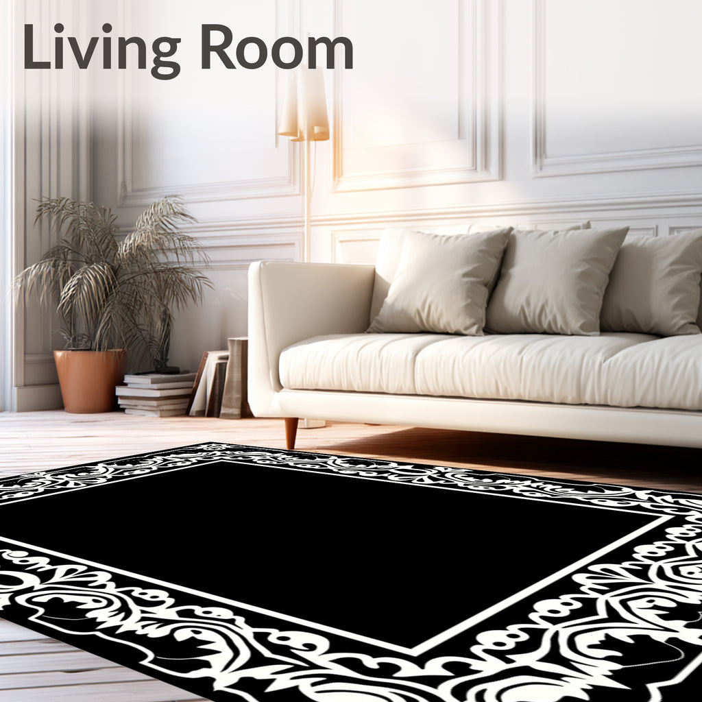 White Intricate Floral Scroll Border Rug