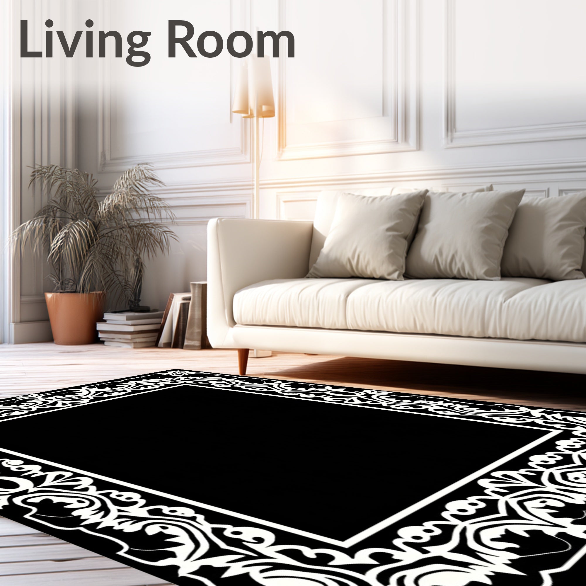 White Intricate Floral Scroll Border Rug