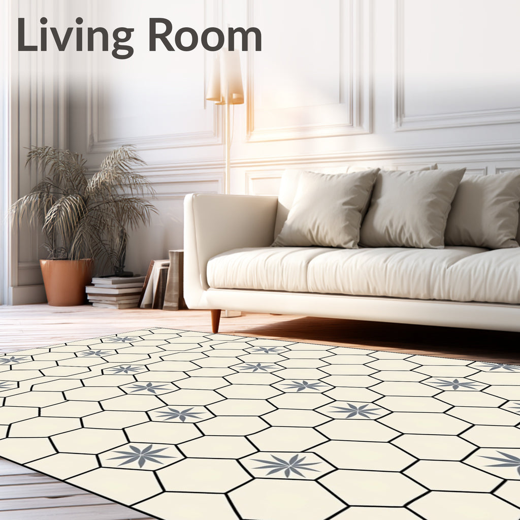 Neutral Cream Gray Hexagonal Floral Rug