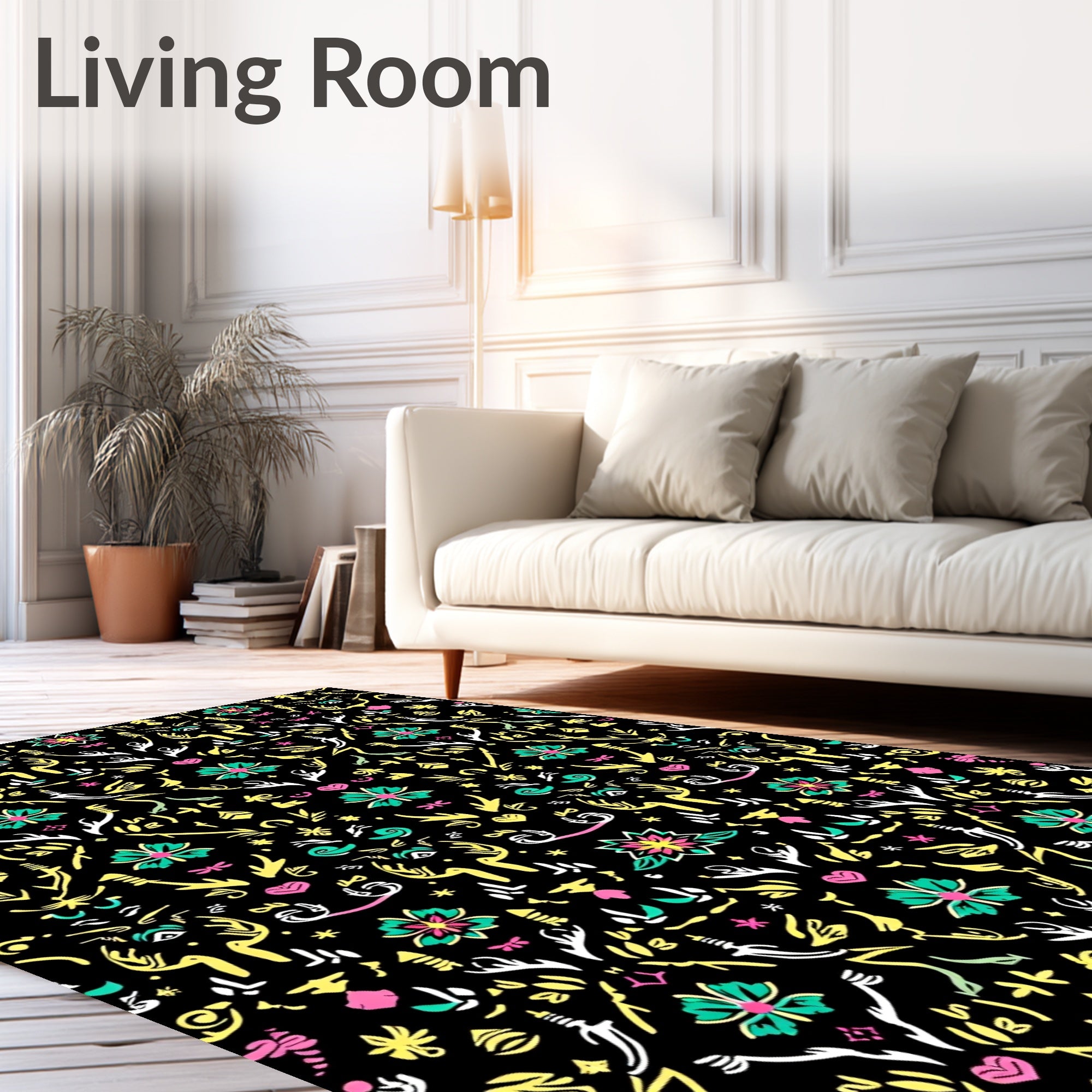 Whimsical Floral Tribal Medallion Black Rug