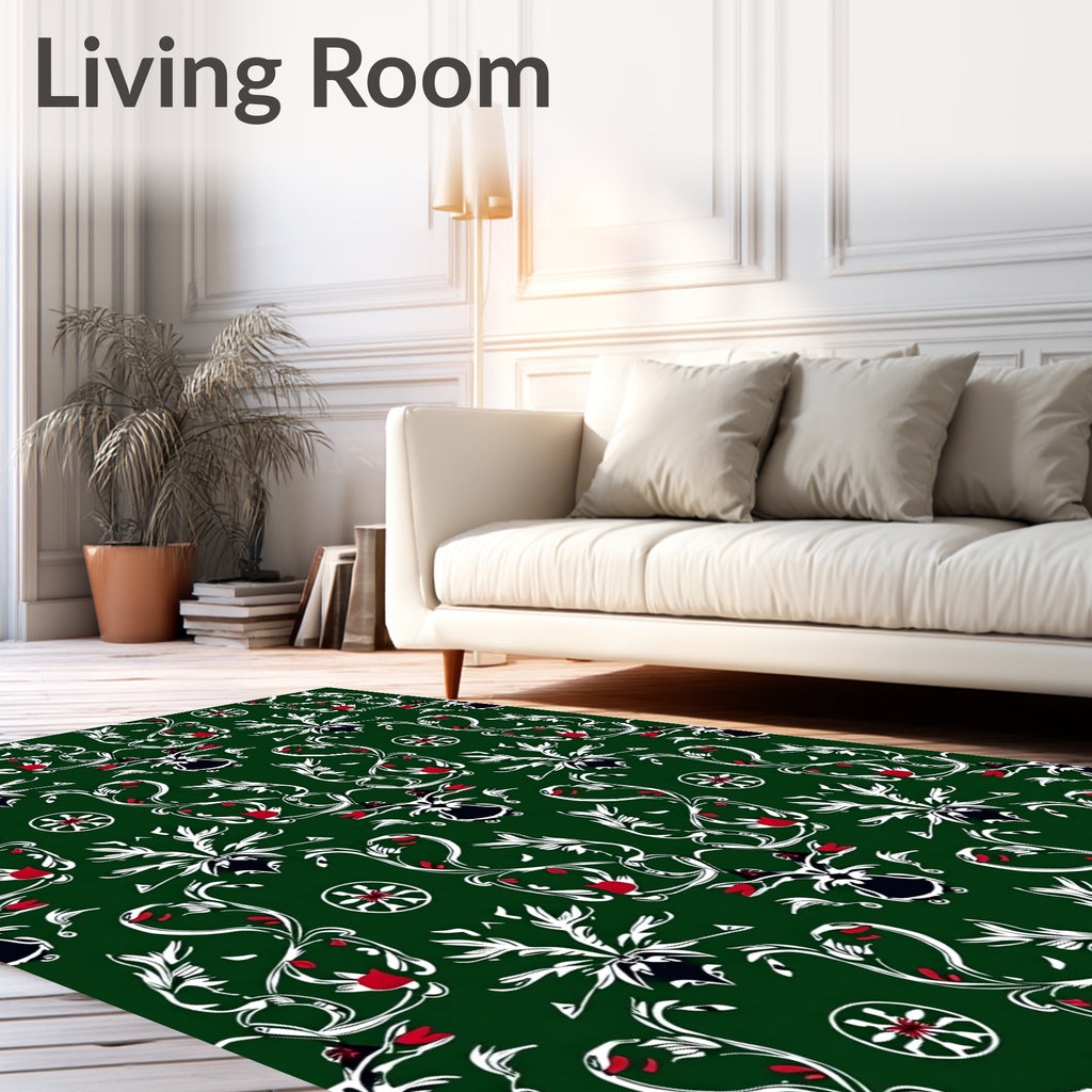 Emerald Green White Red Floral Scroll Rug