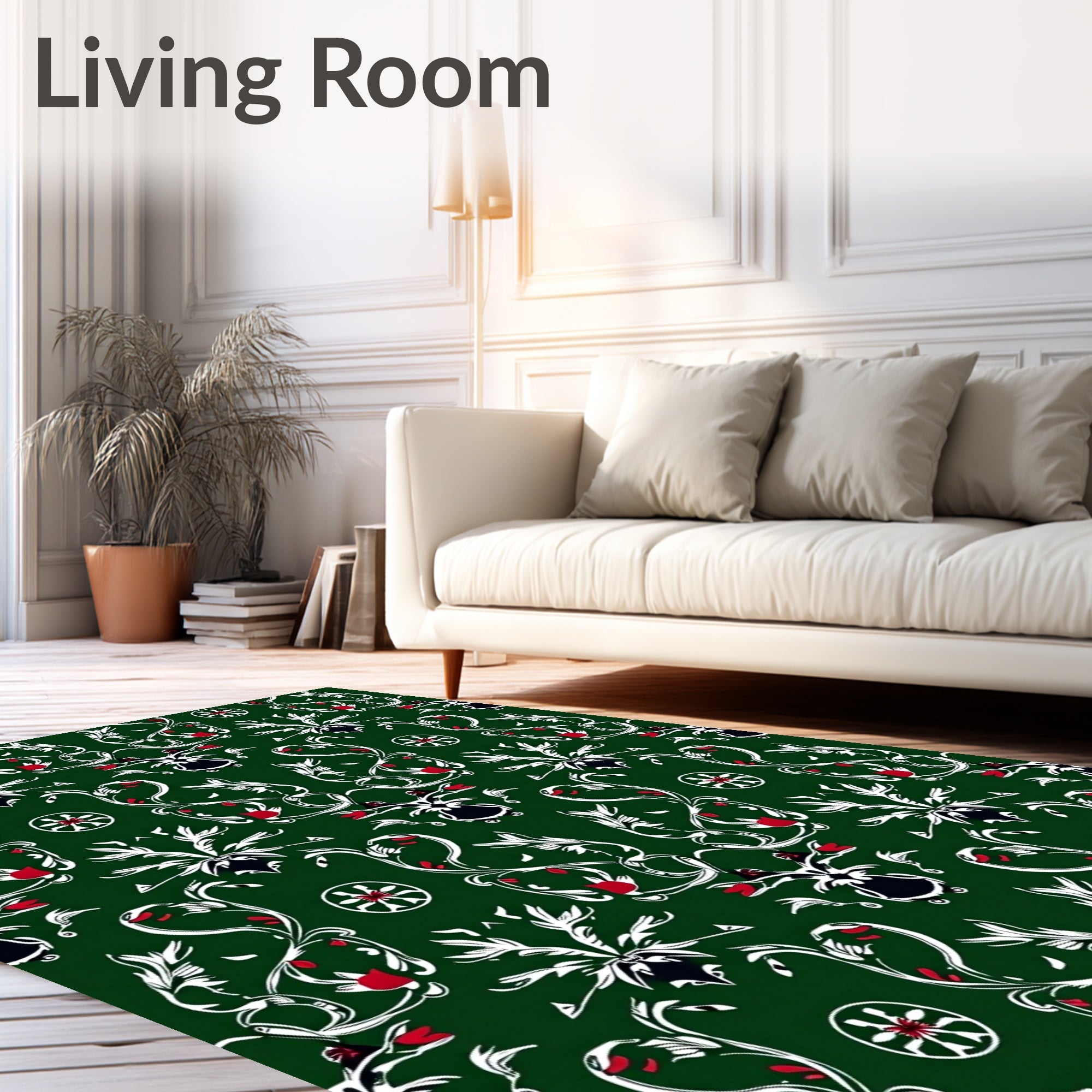 Emerald Green White Red Floral Scroll Rug