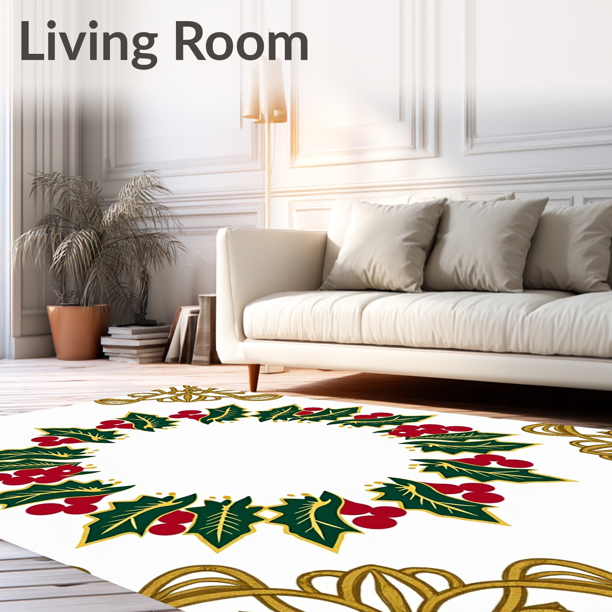 Festive Holly Berry Garland Gold Border Rug